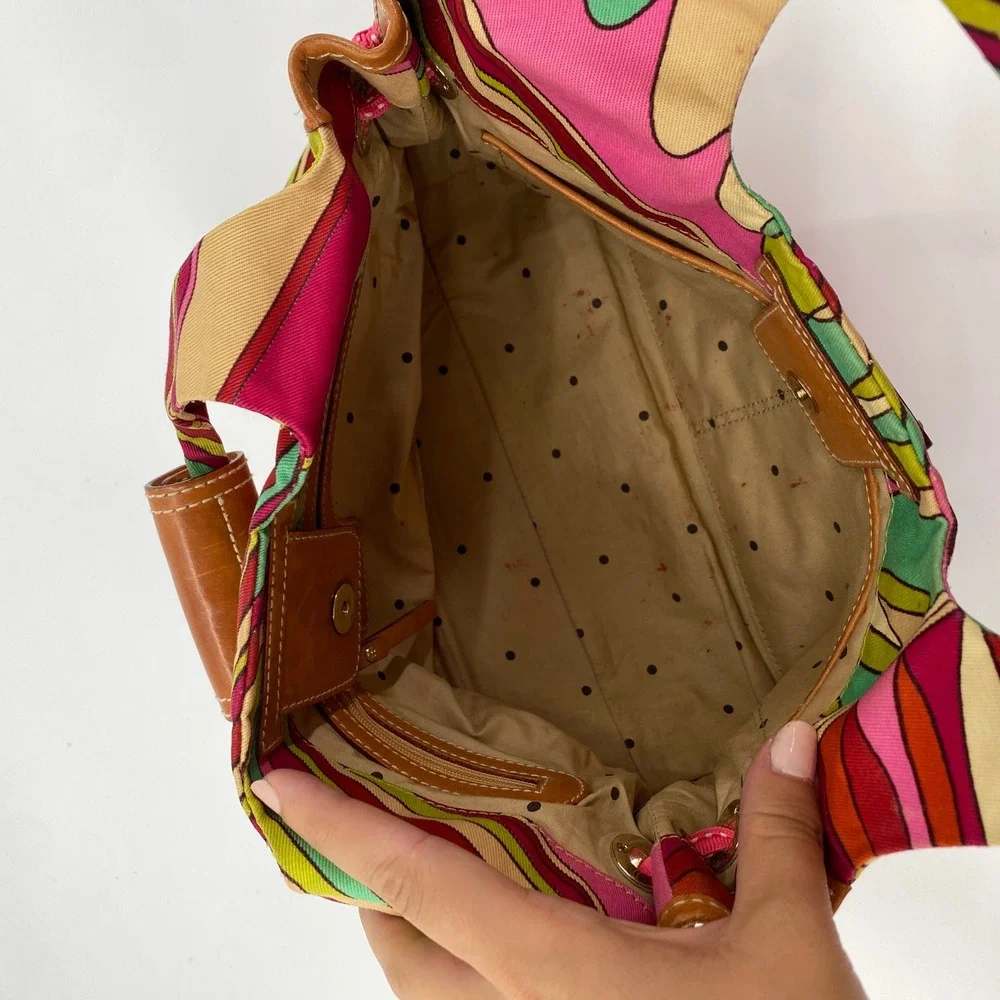Vintage Kate Spade Handbag Multicolor Abstract Floral Canvas Leather Trim Hobo